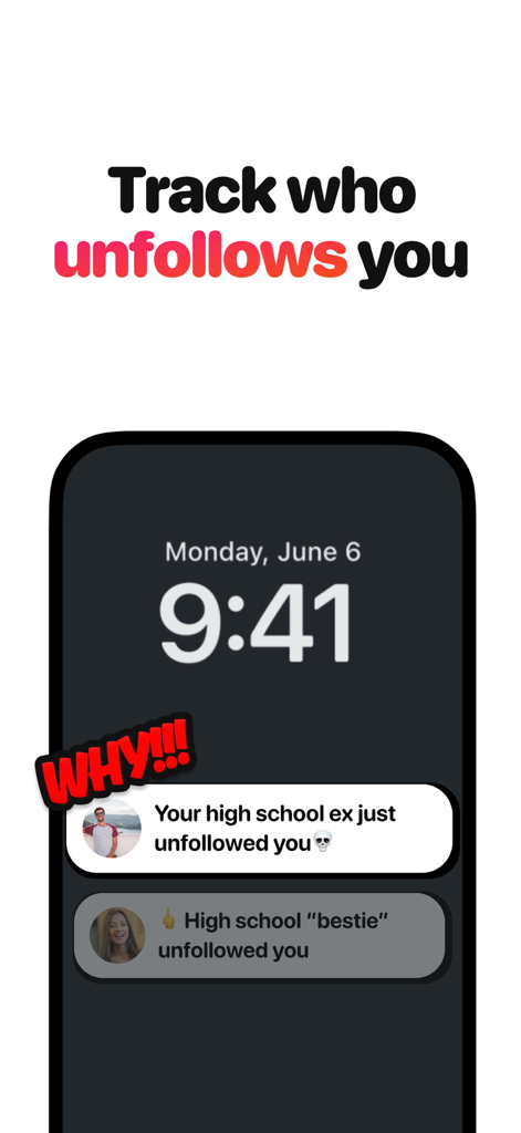 Smartphone lock screen displaying notifications from the Toxic app about social media unfollowers
