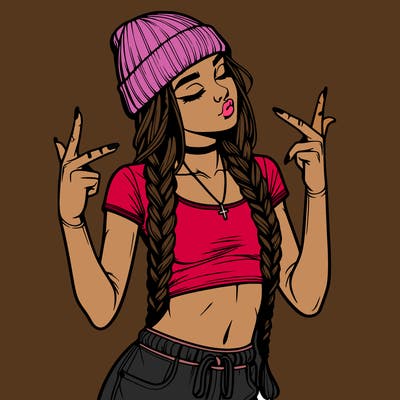 realistic teenage girl with braids and a beanie and crop top doing 🫶🏼