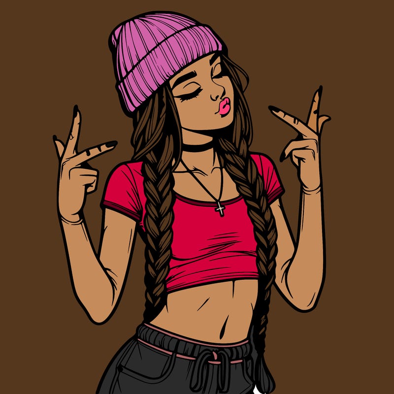 realistic teenage girl with braids and a beanie and crop top doing 🫶🏼