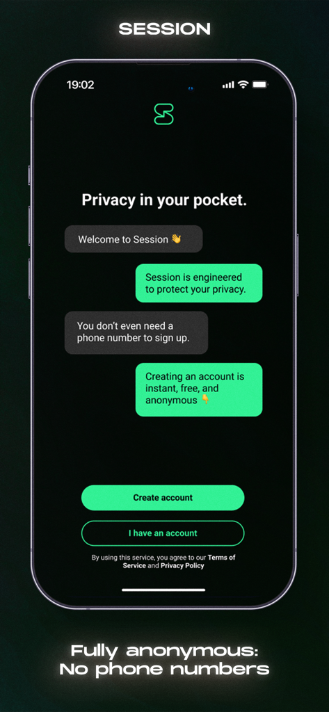 Session private messenger onboarding screen showing anonymous account creation without a phone number