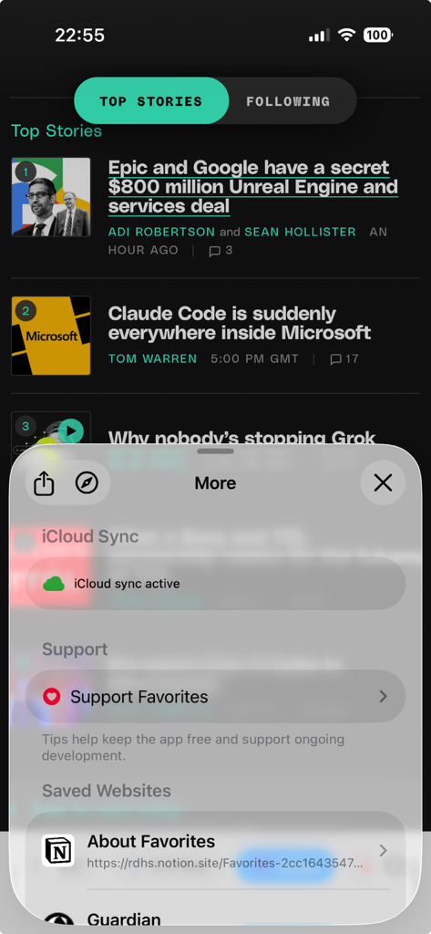 Favorites Private Browser - Interface of the Favorites Private Browser showing the More menu with iCloud sync status and a list of saved websites.
