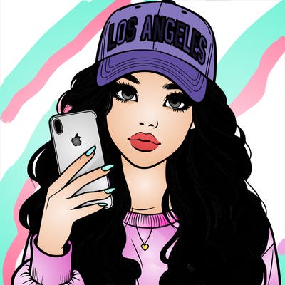 realistic beautiful girl wearing los ángeles cap holding an iphone