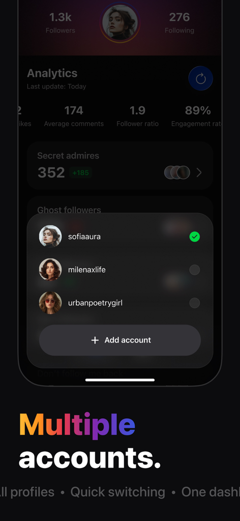 앱 화면에 여러 계정 관리 및 전환 기능이 표시됩니다.