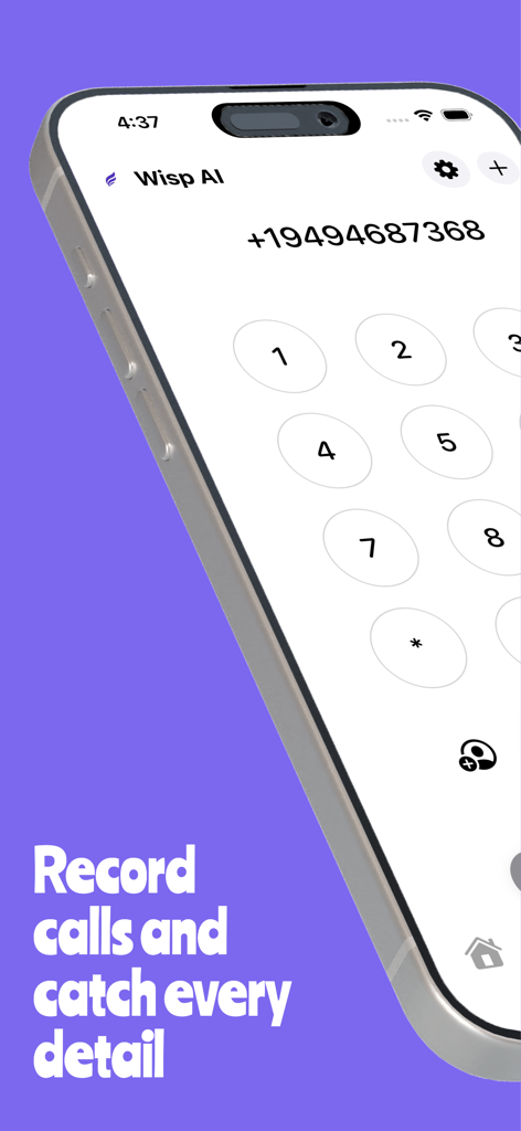 Wisp AI Note Taker - Wisp AI app dialer screen showing the feature to record and transcribe phone calls