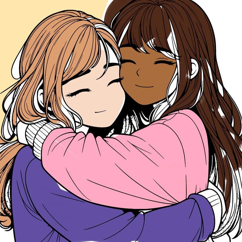 realistic two girls hugging