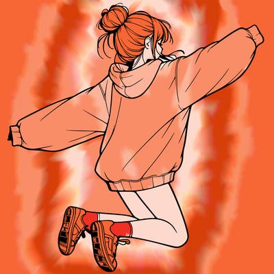 realistic girl jumping with a bun and oversized sweatshirt