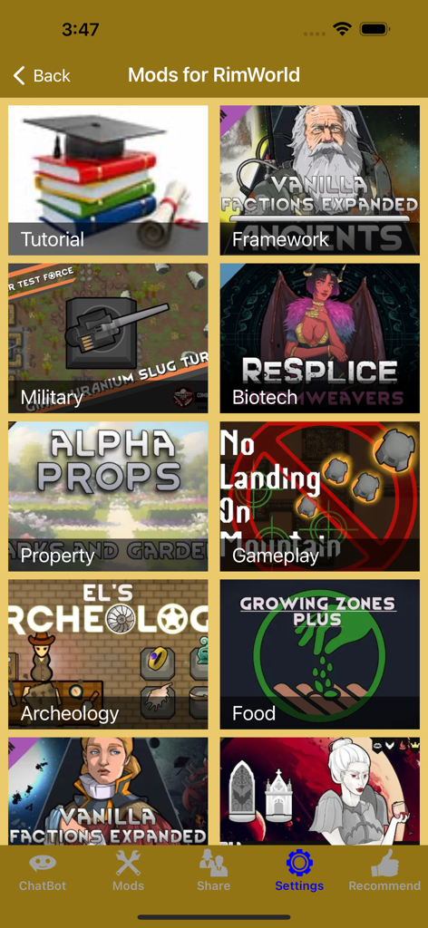 RimW - Game Mods (RW, Rim) - ミリタリーやバイオテックなど、RimWorldのMODのさまざまなカテゴリを示すインターフェース。