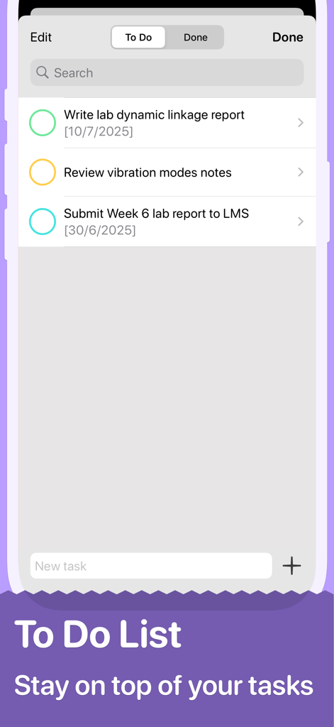 학생 시간표 앱 인터페이스에 학교 과제 및 실험 보고서 마감일이 포함된 할 일 목록 표시