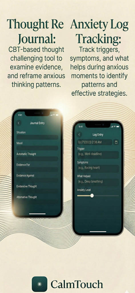 Interfaz de la aplicación CalmTouch mostrando las pantallas de Registro de Pensamientos y Seguimiento del Registro de Ansiedad para el seguimiento de la salud mental basado en TCC