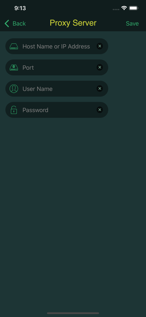 Proxy server configuration interface in iTerminal Pro.