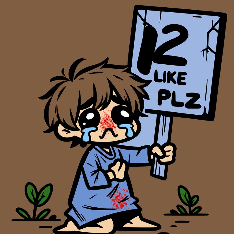 small poor toddler crying with sign that says 2 like plz