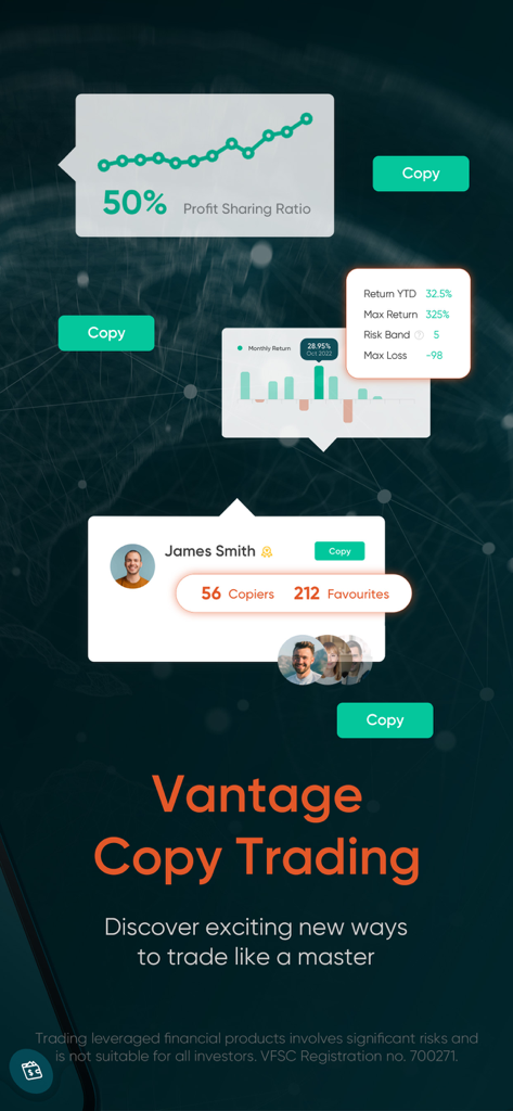 Vantage:All-In-One Trading App - Interfaccia dell'app Vantage che mostra metriche di copy trading, inclusi rapporto di condivisione dei profitti e statistiche di rendimento del trader