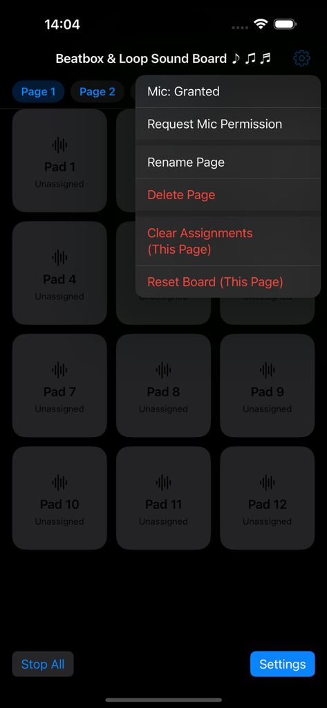 ビートボックスおよびループサウンドボードアプリのインターフェースで、ページ設定とマイクのアクセス許可を表示
