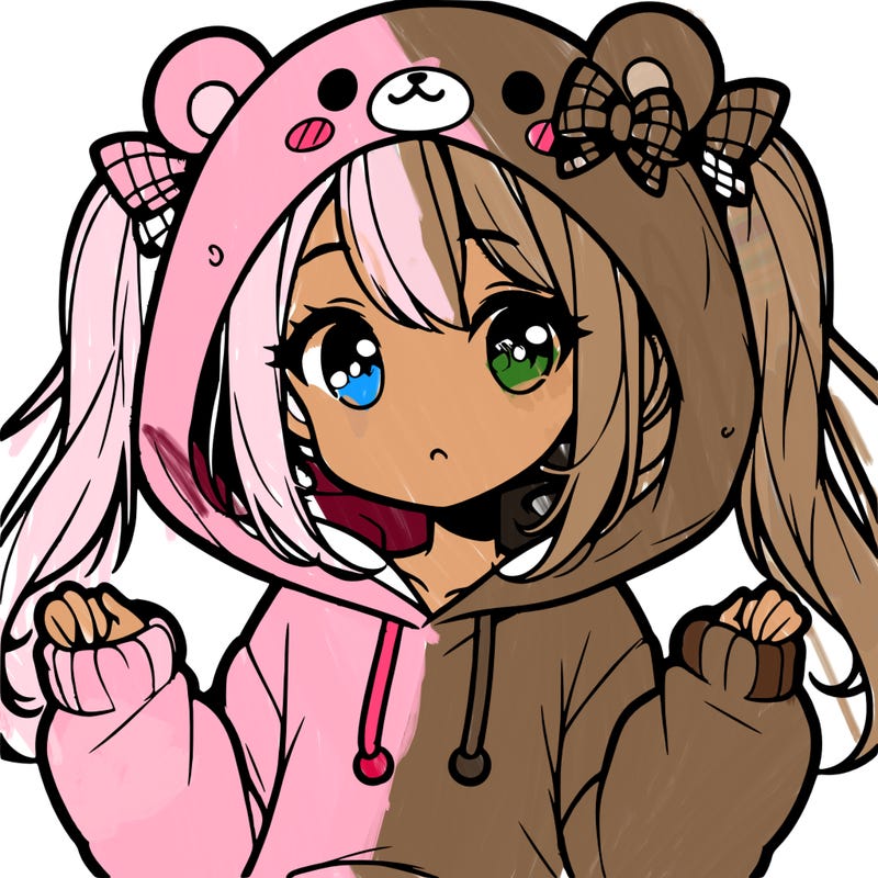 cute anime girl with ponytails and a cute bear hoodie