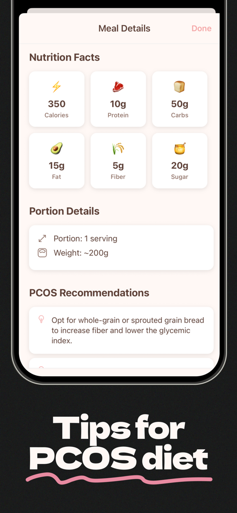 PCOS Polly - A mobile app interface showing meal nutrition facts and specific PCOS diet tips