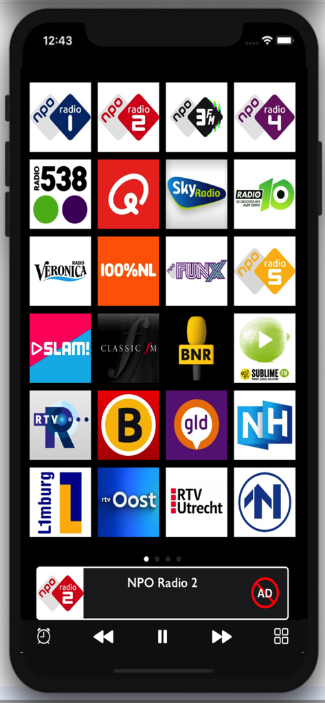 A grid of Dutch radio station logos on the Radios Netherlands app interface.