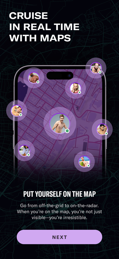 Archer: Gay Dating & Chat - Smartphone screen displaying the Archer app real-time map feature with user profile photos.