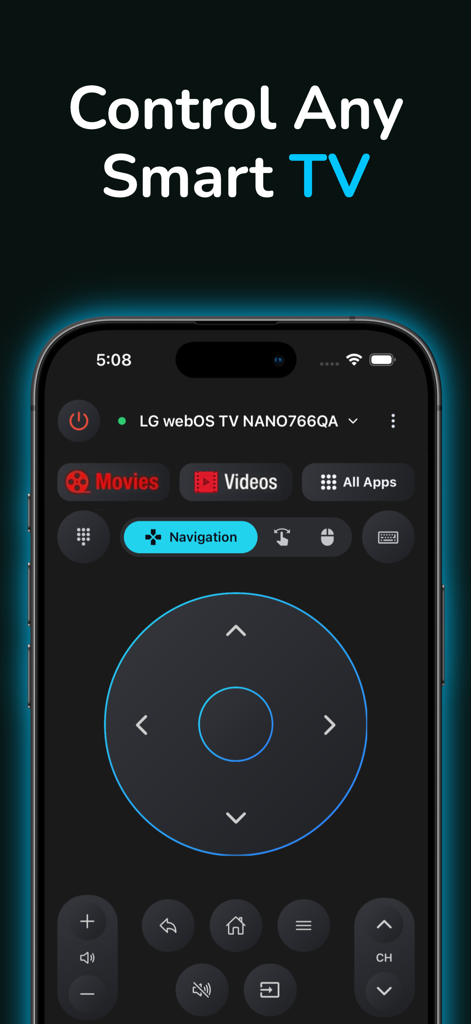 Universal smart TV remote app on a smartphone with D-pad navigation and media controls
