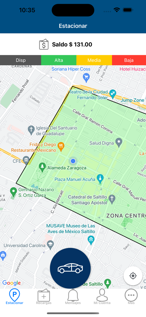 Vista de mapa de la aplicación Parquimetros Parkum mostrando zonas de estacionamiento y el saldo del usuario