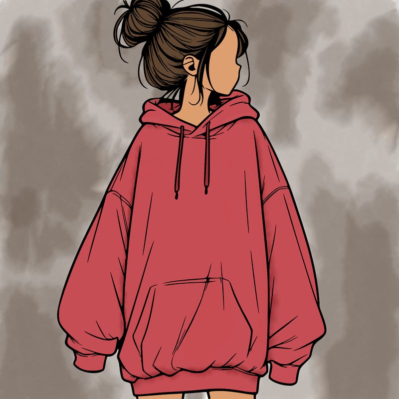 realistic girl with a oversized sweatshirt on and a bun