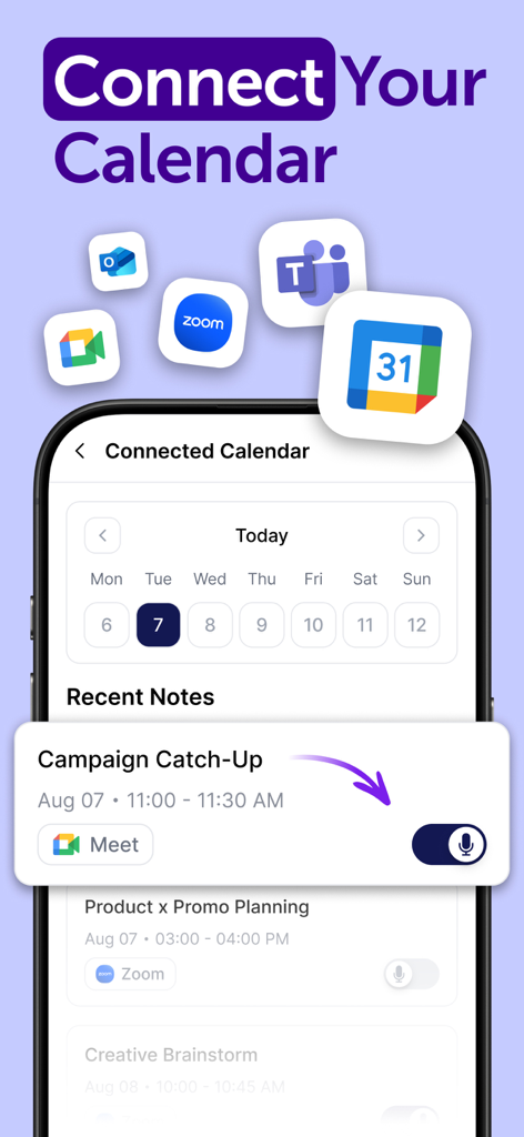 Smart Noter - AI Note Taker - Smart Noter app screen showing calendar integration with Zoom and Google Meet