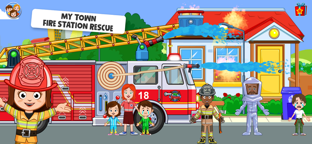 Firefighters and characters using a fire truck to extinguish a house fire in My Town Fire Station Rescue game