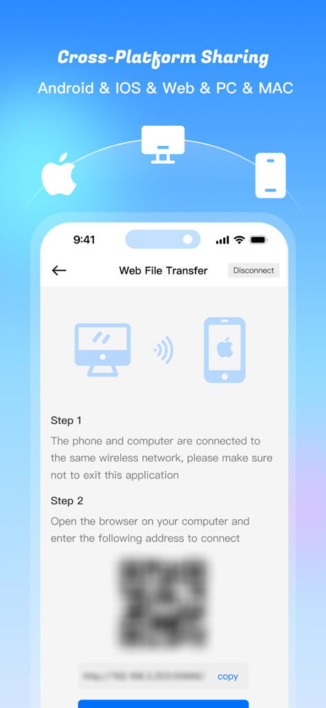 Share File：Smart Transfer Data - NeTransfer-App zeigt Web-Dateitransfer-Anweisungen an, um ein Telefon mit einem QR-Code mit einem Computer zu verbinden