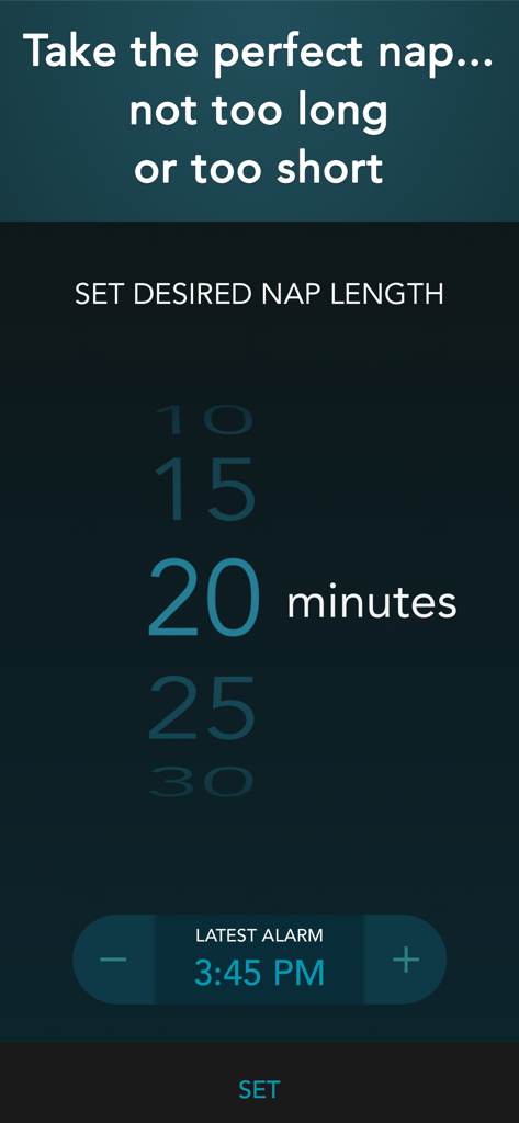 Power Nap Tracker: cycle timer - Interface of the Power Nap Tracker app showing a wheel to select a 20 minute nap duration and a latest alarm setting