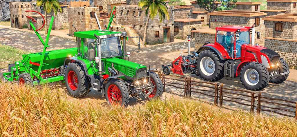 Tractor Driving Farming Games - Two realistic 3D tractors in a modern village farming simulation environment.