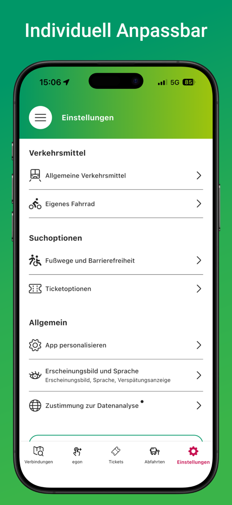 Écran des paramètres de l'application VGN affichant les options d'accessibilité des modes de transport et de personnalisation de l'application