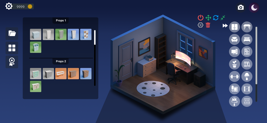 Setup Dream Room - Isometric 3D room design interface with furniture menu and dark office setup.
