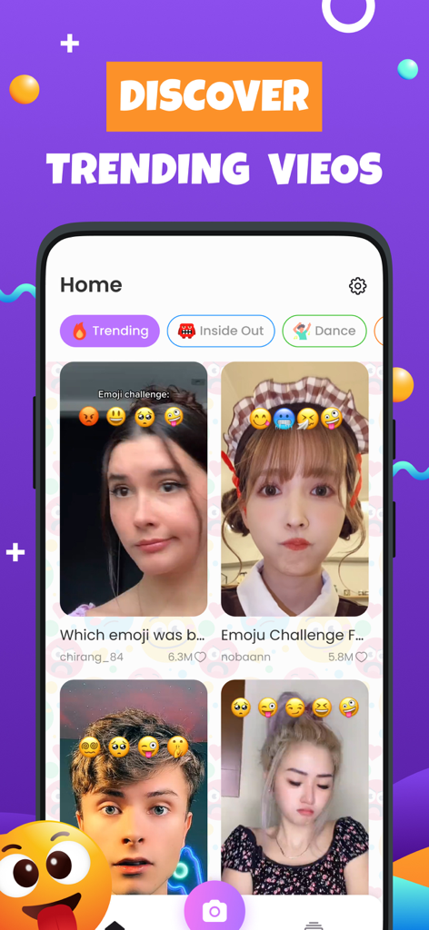 Emoji Craze: Funfest Filters - Home screen of Emoji Craze app featuring trending emoji mimic video challenges and filter categories.
