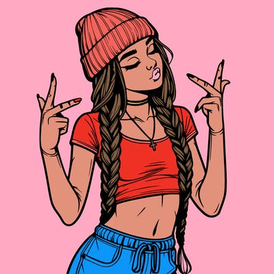 realistic teenage girl with braids and a beanie and crop top doing 🫶🏼