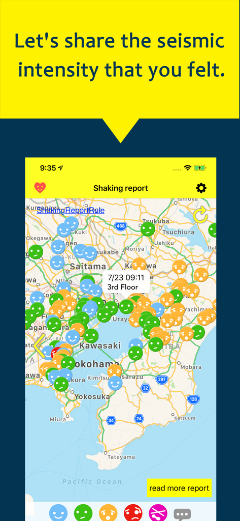 ゆれくるコール - Earthquake shaking report map with user-submitted intensity icons