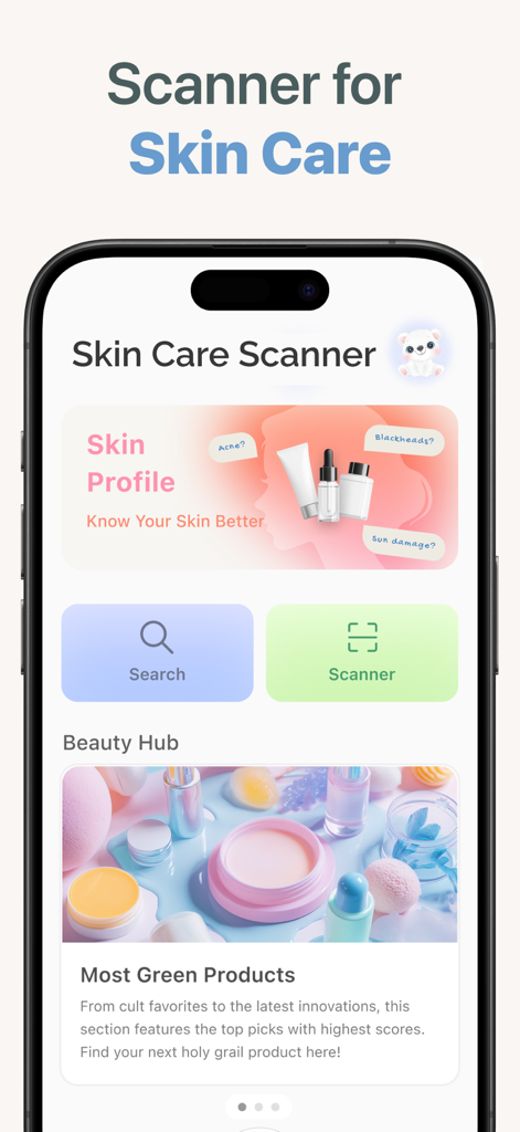 Mobile app interface of SafeSkin AI featuring a skin care scanner skin profile analysis and beauty hub for clean products
