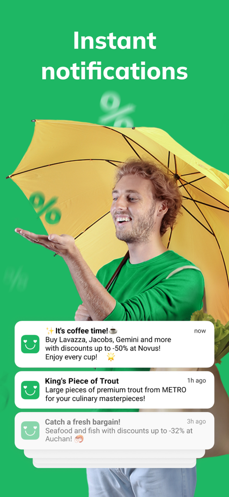 Zakaz.ua grocery delivery app - Zakaz.ua app interface showing instant push notifications for grocery discounts and deals