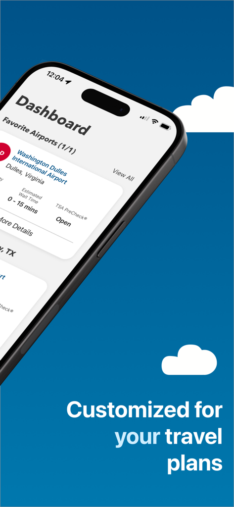MyTSA - MyTSAアプリのダッシュボードに空港の保安検査待ち時間とTSA PreCheckの状況が表示されています