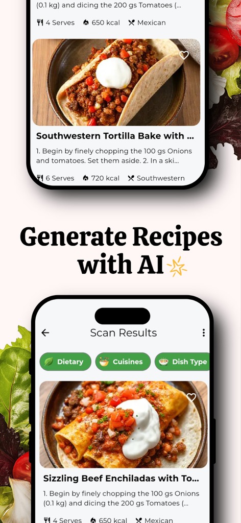 Dishify: AI Recipe Generator - Mobile app interface for Dishify showing AI generated recipe results for Mexican dishes.