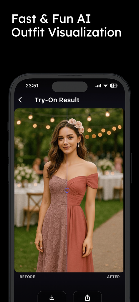 AI Clothes Changer #1 - Before and after comparison of a woman using an AI clothing try on app to visualize different dress styles