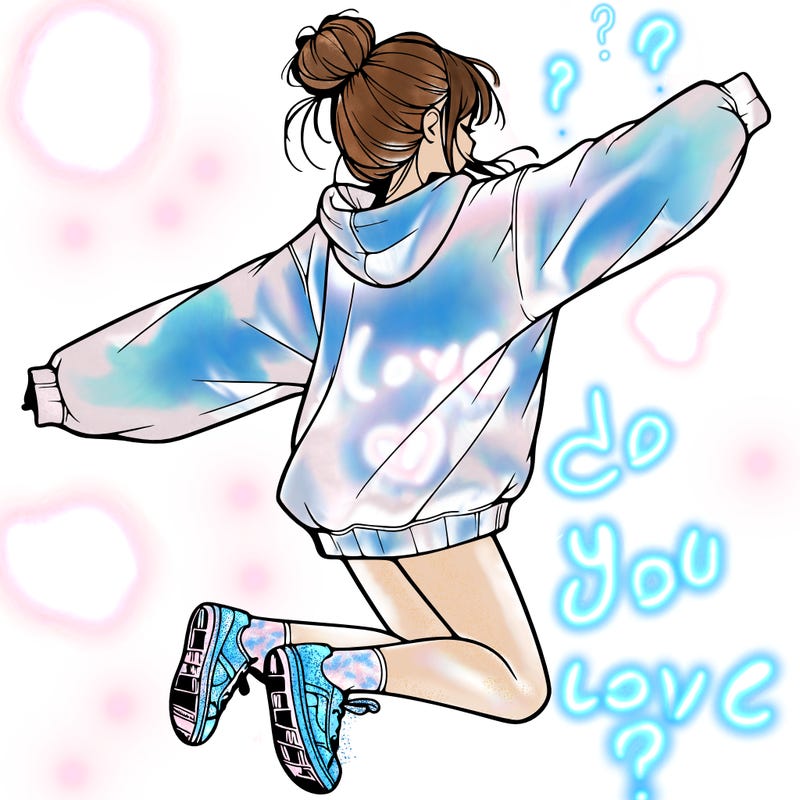 realistic girl jumping with a bun and oversized sweatshirt
