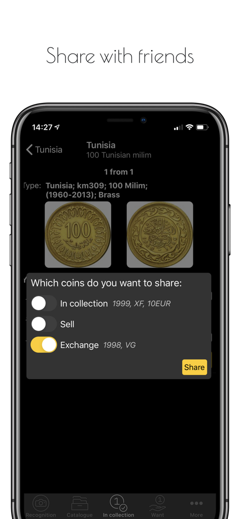 Maktun: Coin, Note Collection - Un écran de smartphone montrant l'interface de l'application Maktun pour partager une pièce tunisienne d'une collection avec des amis pour échange ou vente