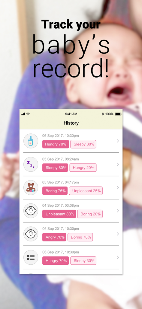 History screen of Cry Analyzer app showing baby cry analysis records with emotional states and percentages.