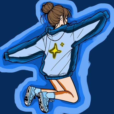 realistic girl jumping with a bun and oversized sweatshirt