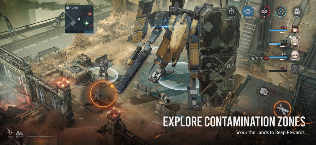 Tactical combat gameplay in Girls Frontline 2 Exilium featuring characters and a large battle mech