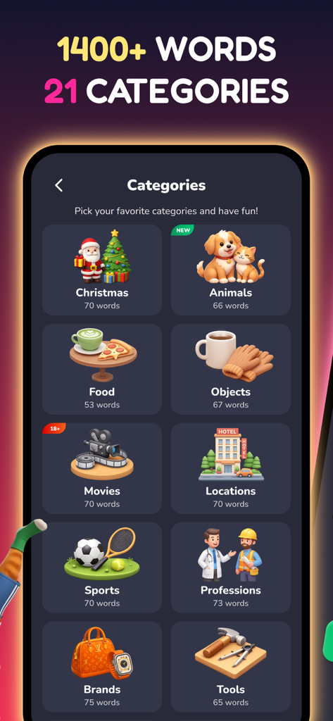 Schermata mobile che mostra una varietà di categorie di parole come Animali di Natale e Cibo nell'app Imposter party game.