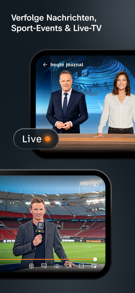 Interfaz de la app de ZDF mostrando noticias en vivo y eventos deportivos