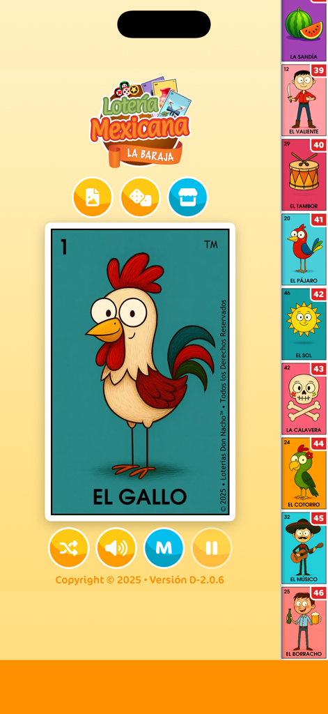 Lotería Mexicana - La Baraja - Interface do aplicativo móvel Loteria Mexicana mostrando a carta El Gallo e os controles do jogo