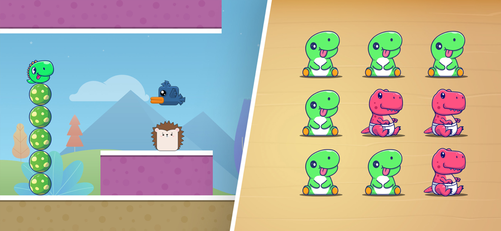 Pantalla dividida que muestra un juego de equilibrio de dinosaurios y un juego de lógica de emparejar para niños
