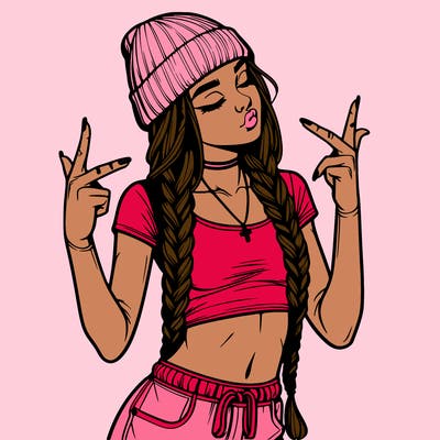 realistic teenage girl with braids and a beanie and crop top doing 🫶🏼