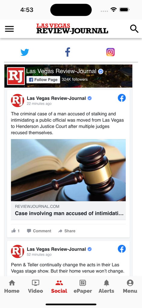 La pestaña Social de la aplicación móvil Las Vegas Review-Journal que muestra un feed de actualizaciones de noticias locales de canales de redes sociales.